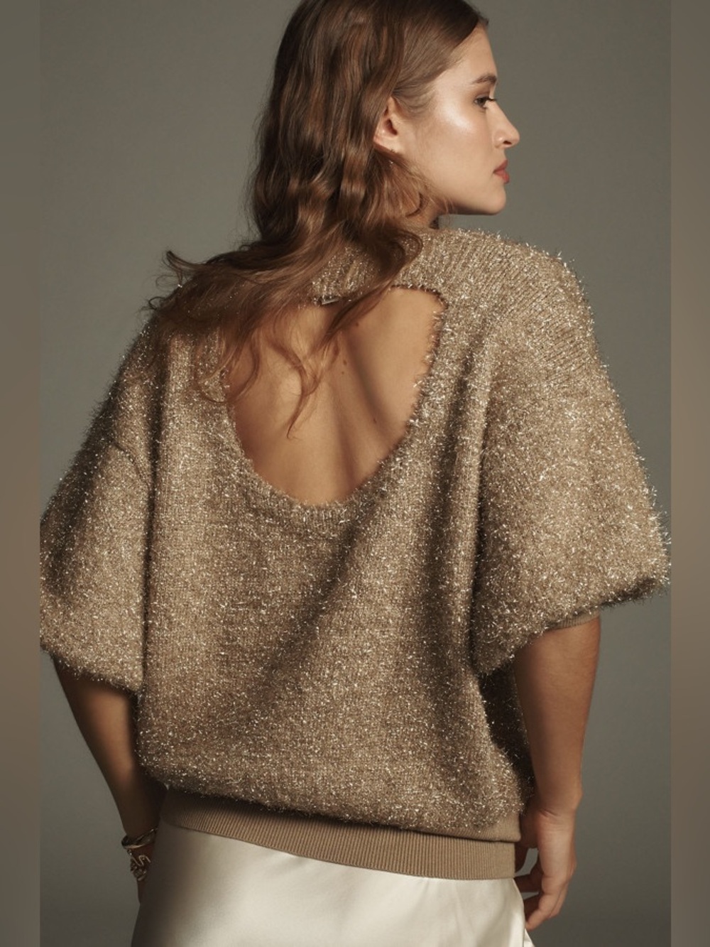 Maeve Violette Short-Sleeve Tinsel Pullover Sweater Metallic Gold Honey Small